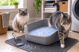 dr elseys crystal cat litter review showing crystal litter in a litter box with cats nearby