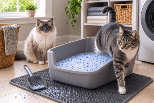 dr elseys crystal cat litter review showing crystal litter in a litter box with cats nearby