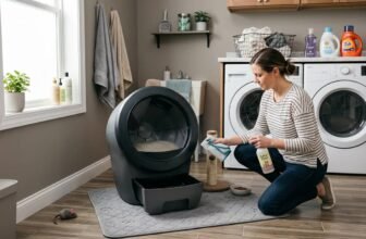 How to clean an automatic litter box with a person wiping a self-cleaning litter box in a laundry room