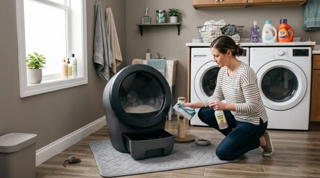 How to clean an automatic litter box with a person wiping a self-cleaning litter box in a laundry room