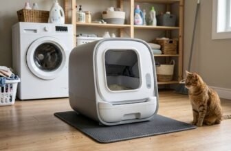 How to get your cat to use an automatic litter box with a cat sitting next to a self-cleaning litter box in a laundry room