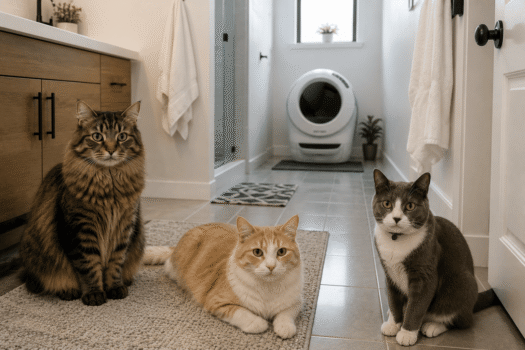 litter-robot 4 review with cats in a bathroom and automatic litter box in the background