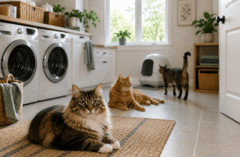 meowant automatic litter box review setup with cats and litter boxes in a clean laundry room
