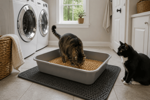 pellet cat litter in a litter box with cats in a laundry room with litter mat