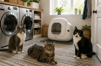 petkit automatic litter box review with cats in a laundry room and litter box in the background