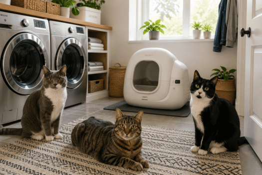 petkit automatic litter box review with cats in a laundry room and litter box in the background