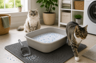 petsafe crystal cat litter in a litter box showing crystal granules with cats nearby