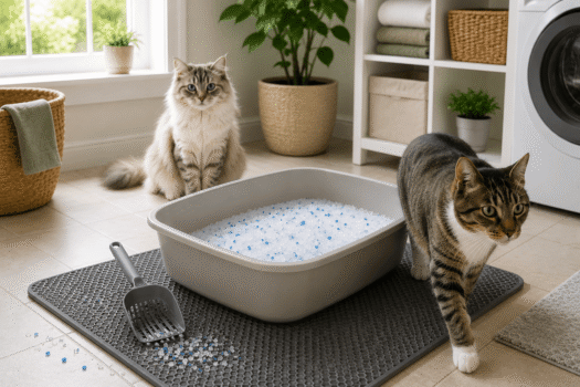 petsafe crystal cat litter in a litter box showing crystal granules with cats nearby