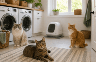 petsafe scoopfree review with cats in a laundry room and automatic litter box in the background