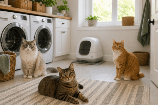 petsafe scoopfree review with cats in a laundry room and automatic litter box in the background