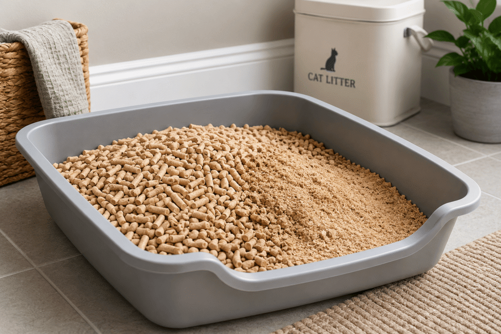 pine pellets for cat litter breaking down into sawdust in a litter box