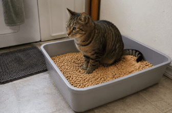 pine pellets for cat litter in a litter box with cat showing pellet and sawdust texture