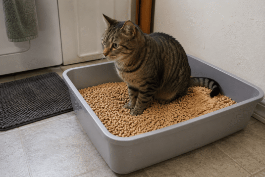 pine pellets for cat litter in a litter box with cat showing pellet and sawdust texture