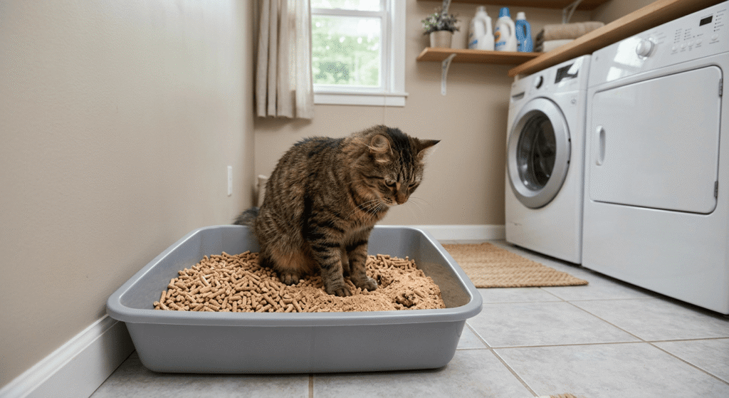 pine pellets for cat litter in a litter box with cat in a laundry room setup