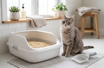 Gray tabby cat sitting beside a litter box filled with tofu cat litter pellets in a bright bathroom