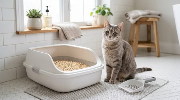Gray tabby cat sitting beside a litter box filled with tofu cat litter pellets in a bright bathroom