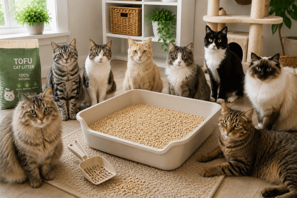 tofu cat litter in a litter box with multiple cats showing pellet style litter