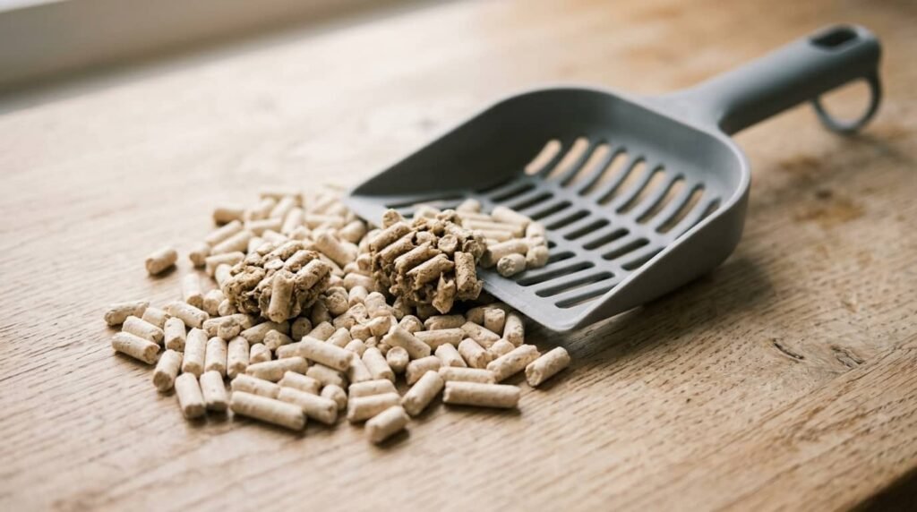 Close-up of tofu cat litter pellets clumped together next to a wide-slot litter scoop