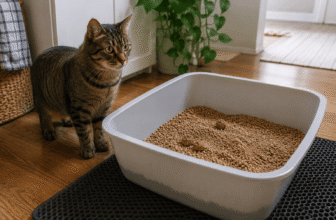 walnut cat litter in a litter box showing dark brown granules and clumps