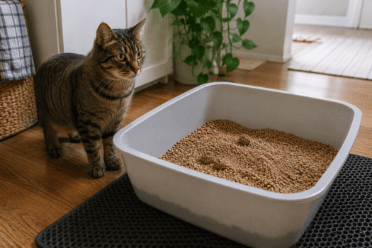 walnut cat litter in a litter box showing dark brown granules and clumps