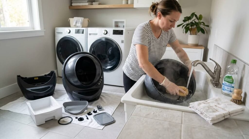 Washing automatic litter box parts in a sink with warm water during deep cleaning