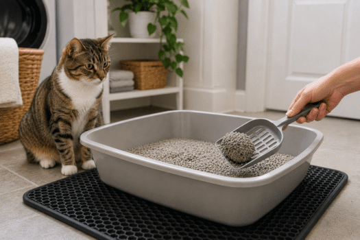 worlds best cat litter review showing clumping cat litter being scooped in a litter box