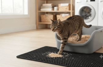Adult tabby cat stepping out of a large open high-sided litter box