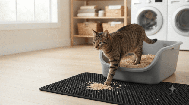 Adult tabby cat stepping out of a large open high-sided litter box