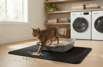 Cat stepping out of a litter box with low dust tofu pellet litter on a mat in a clean laundry room