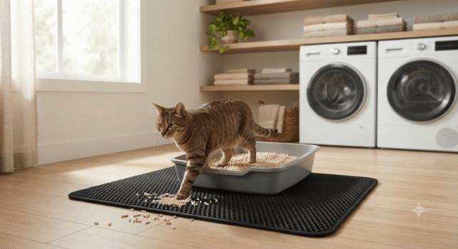 Cat stepping out of a litter box with low dust tofu pellet litter on a mat in a clean laundry room