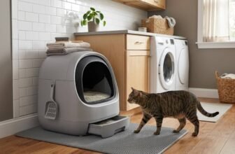 Best cat litter for automatic litter box featured image showing a cat beside a clean automatic litter box with clumping litter in a laundry room setup