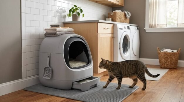 Best cat litter for automatic litter box featured image showing a cat beside a clean automatic litter box with clumping litter in a laundry room setup