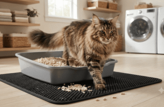 Long-haired cat stepping out of a litter box filled with low-tracking tofu pellets
