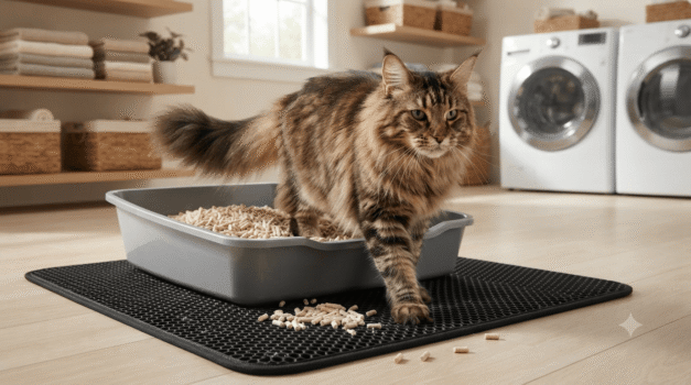 Long-haired cat stepping out of a litter box filled with low-tracking tofu pellets