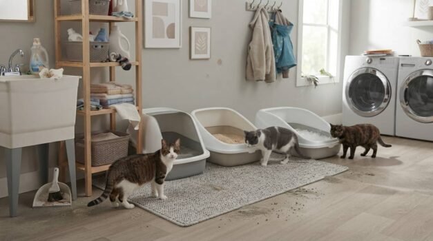 Best cat litter for multiple cats featured image showing a clean multi-cat litter box setup in a bright home with several cats