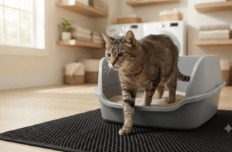 Senior tabby cat stepping out of a low-entry litter box filled with soft litter
