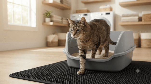 Senior tabby cat stepping out of a low-entry litter box filled with soft litter