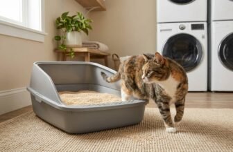 Best cat litter for sensitive paws with a cat stepping beside a soft fine-textured litter box