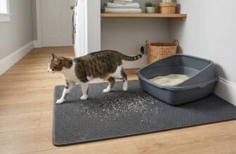 Best cat litter mat featured image showing a cat walking across a large litter mat that catches tracked litter beside a clean litter box
