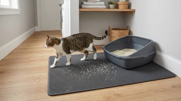 Best cat litter mat featured image showing a cat walking across a large litter mat that catches tracked litter beside a clean litter box
