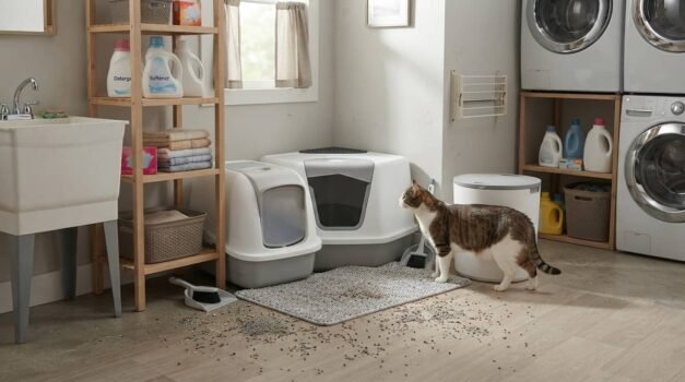 Best covered litter box featured image showing three covered litter box styles in a clean home with a cat