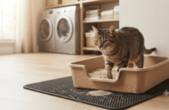 Brown tabby cat using a disposable cardboard litter box