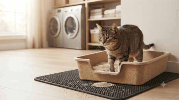 Brown tabby cat using a disposable cardboard litter box