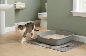 Best flushable cat litter featured image showing a clean litter box with pale flushable litter in a tidy bathroom with a cat nearby