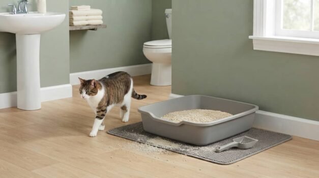Best flushable cat litter featured image showing a clean litter box with pale flushable litter in a tidy bathroom with a cat nearby