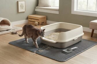 Litter box for arthritic cats with a low-entry design, non-slip mat, and older cat in a cozy home setup