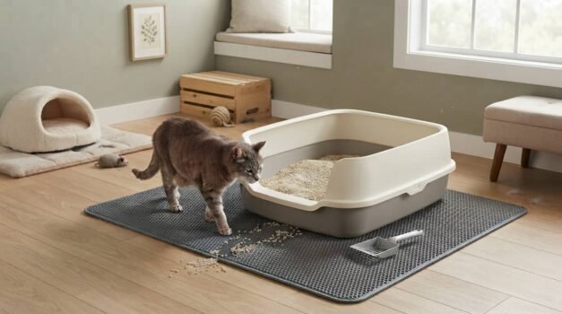 Litter box for arthritic cats with a low-entry design, non-slip mat, and older cat in a cozy home setup