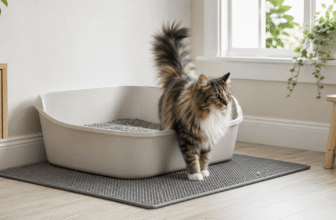 Best litter box for long-haired cats with a fluffy long-haired cat beside a large litter box