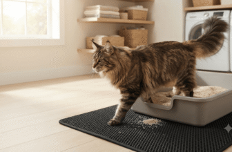 Large long-haired Maine Coon stepping out of an extra-large litter box