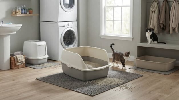 Best litter box for multiple cats featured image showing a clean multi-cat litter box setup with large open boxes and two cats in a tidy home